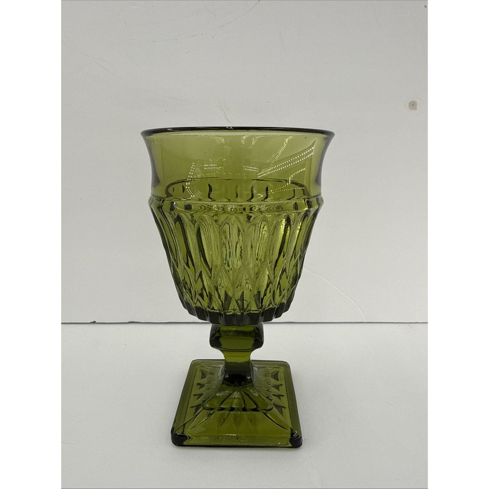 Vintage Indiana Pressed Glass‎ Mt Vernon Avocado Green Goblet 6"